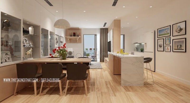 Khu vực phòng bếp và nội thất phòng ăn liền kề nhau giúp tạo ra một môi trường thuận lợi cho gia chủ trong quá trình dùng bữa.