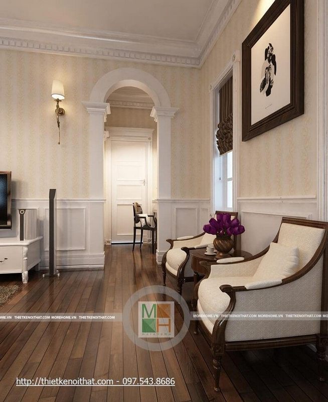 của bạn Mẫu sofa đơn gỗ tự nhiên bọc bởi nỉ tân cổ điển sẽ làm cho phòng ngủ biệt thự của bạn trở nên sang trọng hơn.